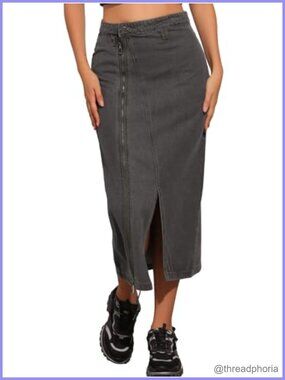 Long Denim Skirt Zipper Front Split Hem High Rise Straight Jean Skirt